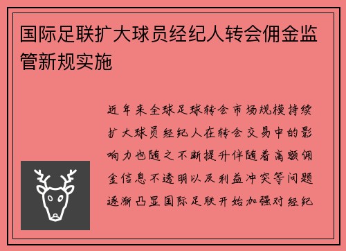 国际足联扩大球员经纪人转会佣金监管新规实施