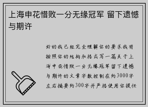 上海申花惜败一分无缘冠军 留下遗憾与期许